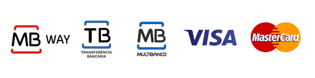 Métodos de pagamento aceites: MB WAY, Multibanco, Visa, Mastercard, Klarna